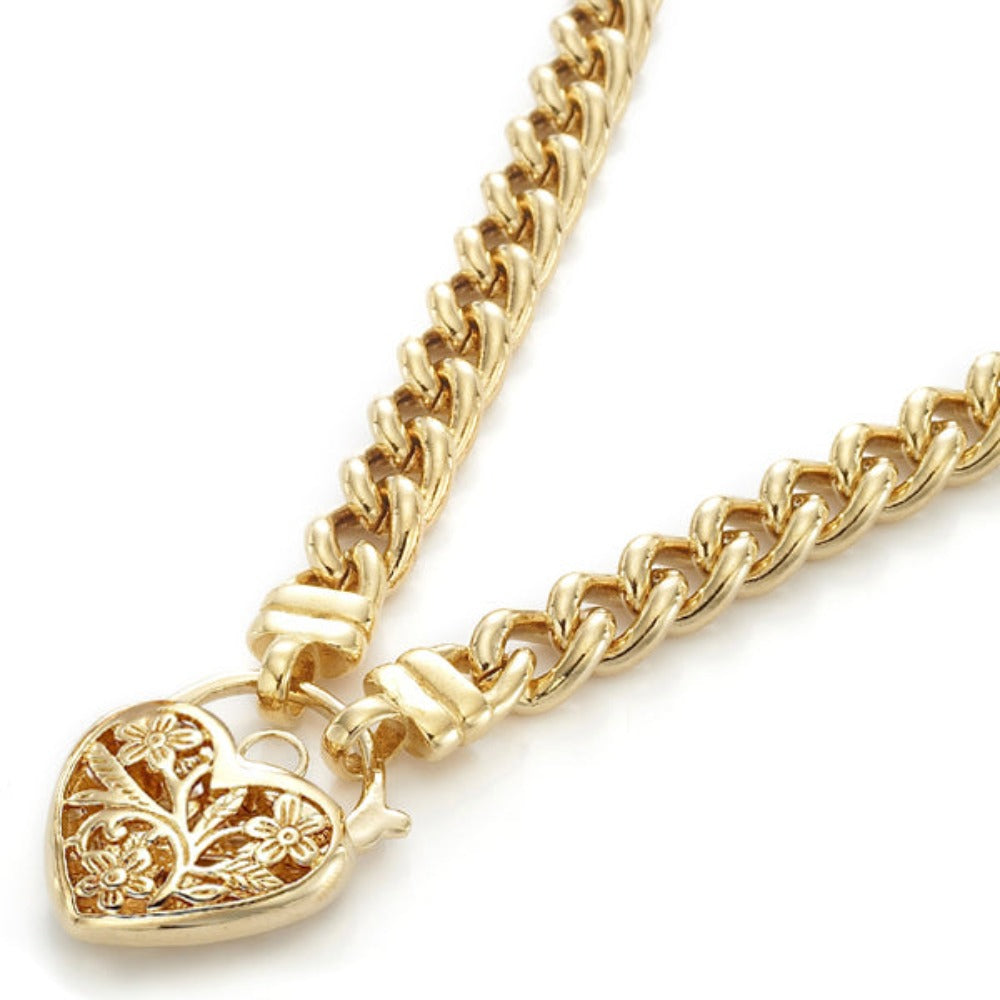 18ct Heavy Yellow Gold Plated Euro Chain Necklace with a Filigree Locket - USA Made-0